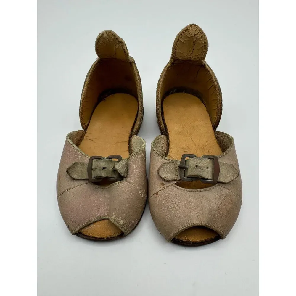 Rare‎ Antique Children's Leather Shoes Peep Toe Buckle Strap Aged Patina 5